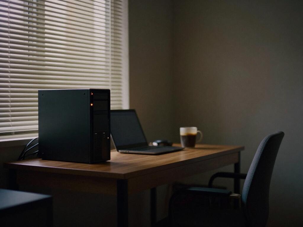 A quiet home office at dusk. A small desktop computer stands alone, its little light on.
