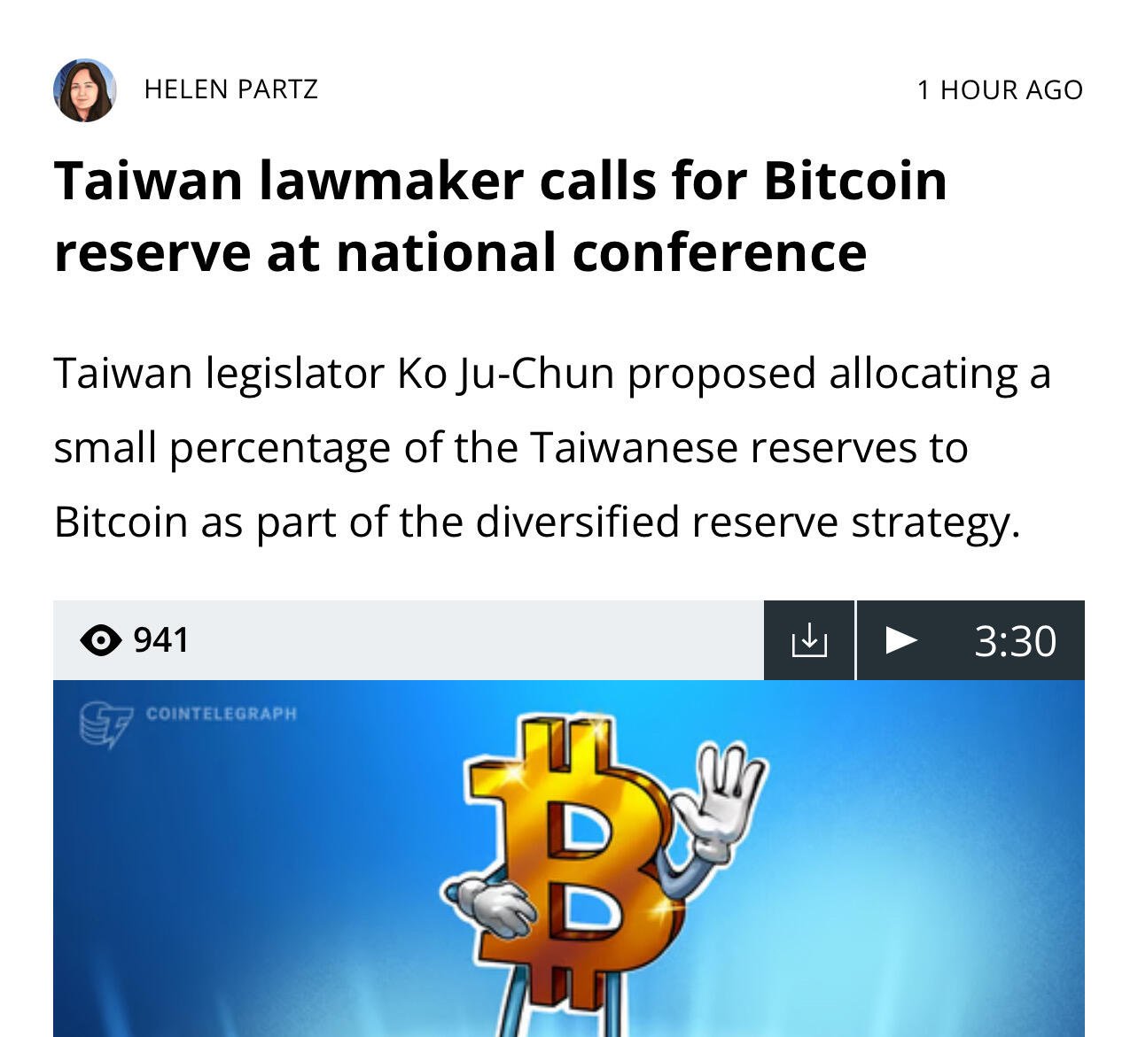BREAKING: Taiwan lawmaker calls for #Bitcoin…