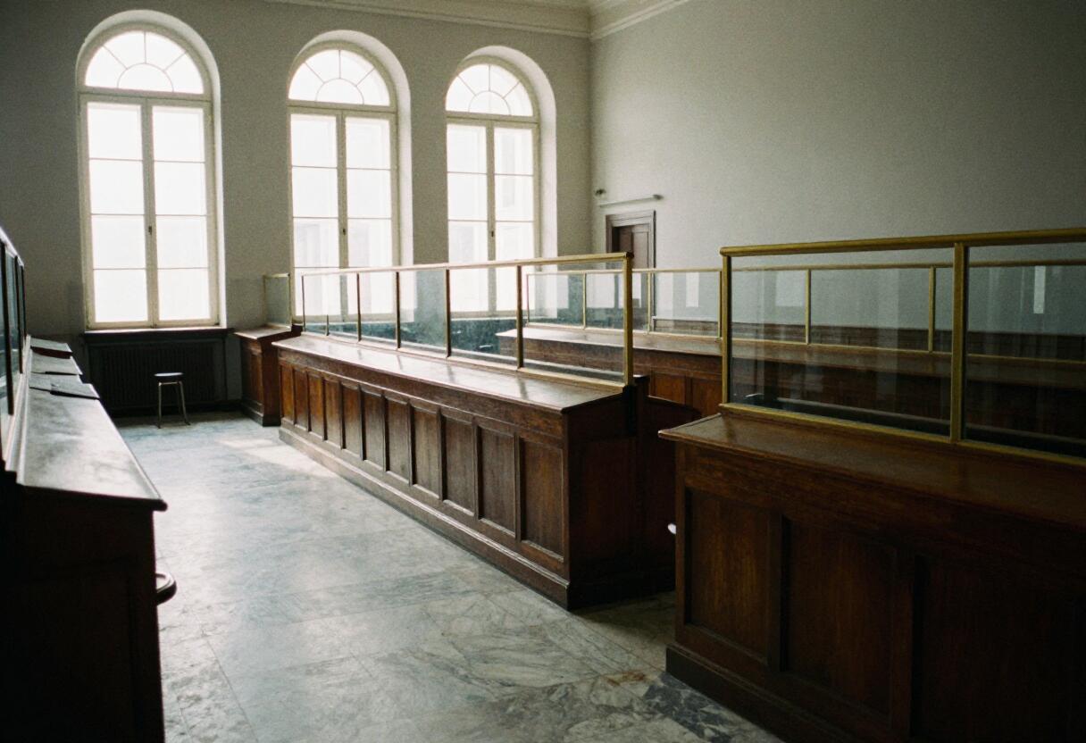A bank counting hall before the doors open, photographed for this letter. Muted, empty, and about to price someone’s debt.