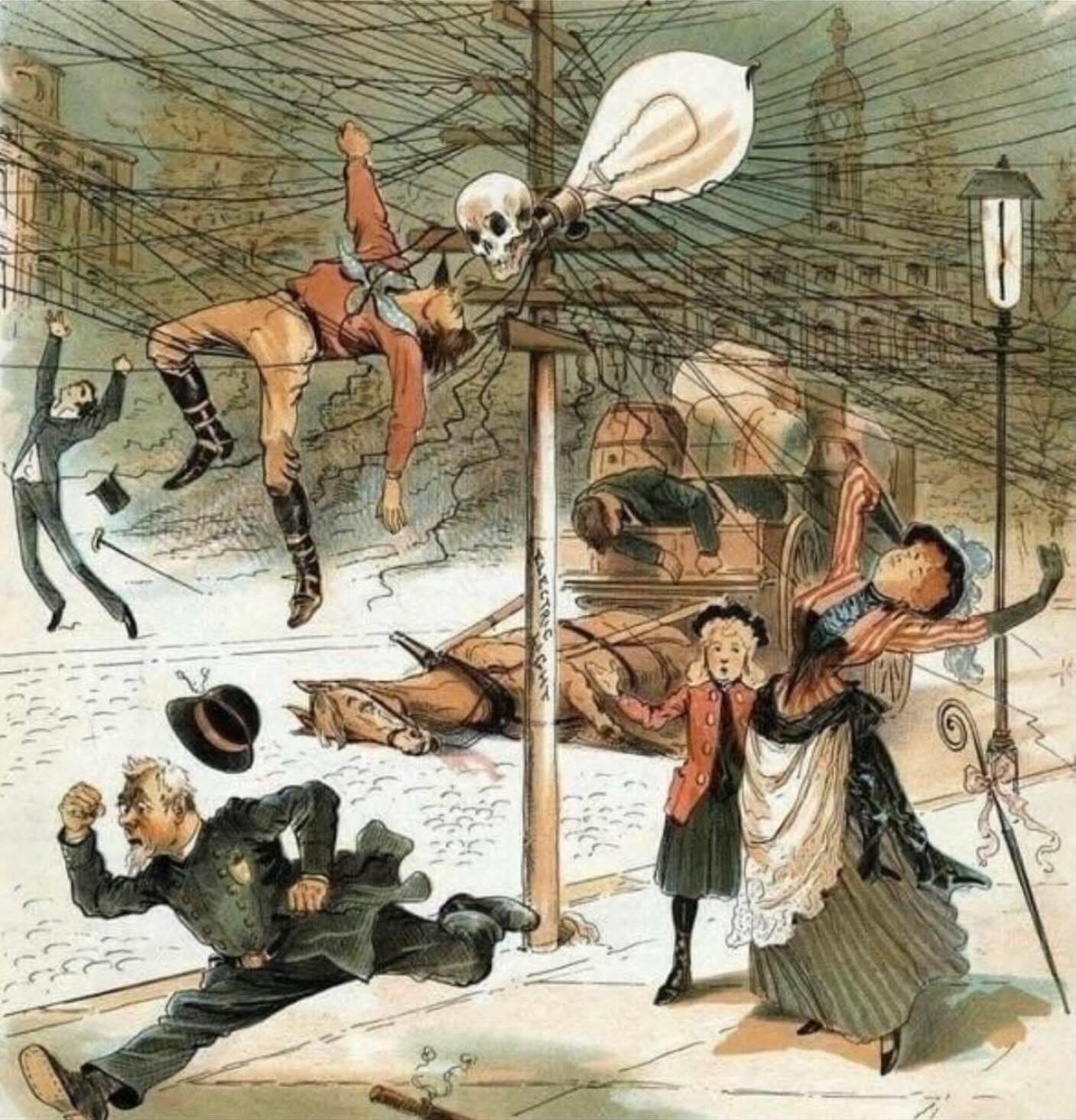 Cartoon comparing anti-AI sentiment to early 1900s anti-electricity propaganda, filed with note by Evan Kaloudis