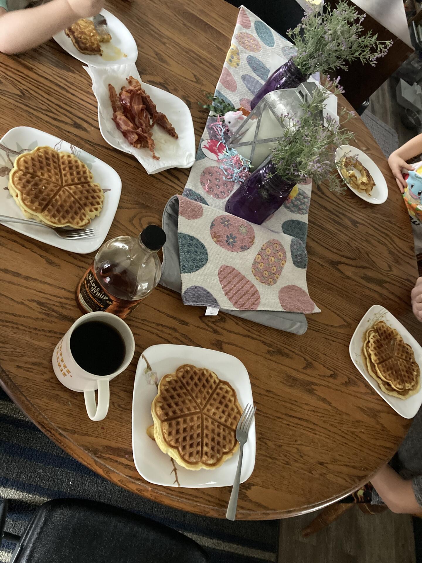 Breakfast time with waffles, pancakes, and…