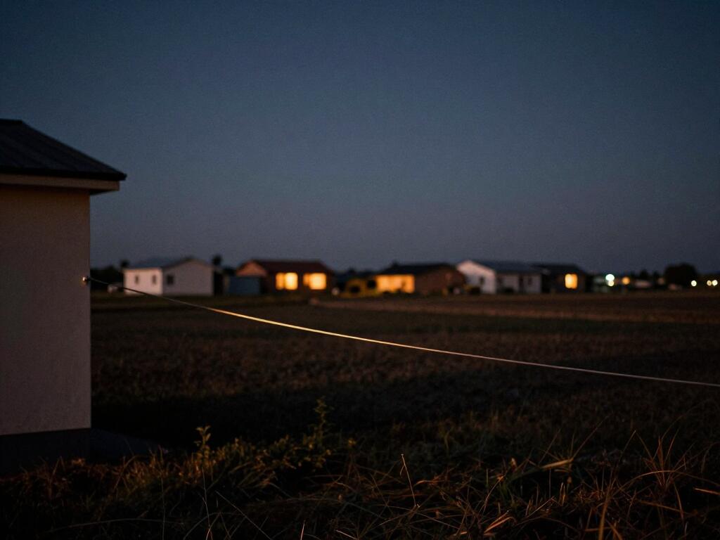One lit cable leaving a house and crossing a dark field toward distant glowing windows.