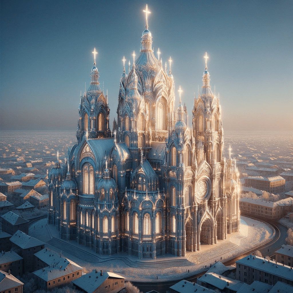 Photo of a cathedral in the distant future during daytime. It exudes the splendor, history, and ornate detailing of traditional Christian cathedrals, but in a novel twist, it seems to be composed entirely of gleaming light, illuminating the surroundings with its brilliance against a clear blue sky.