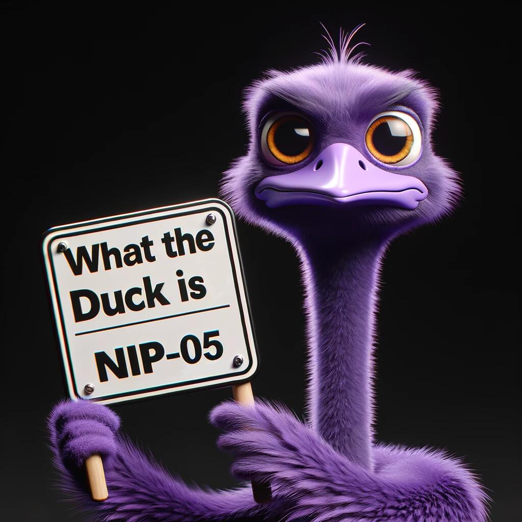 Ostrich holding a sign asking what the duck is NIP-05