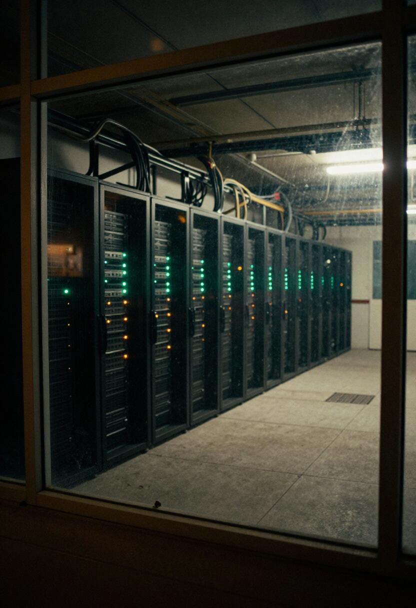 Rows of server cabinets seen at night through a wire-mesh window