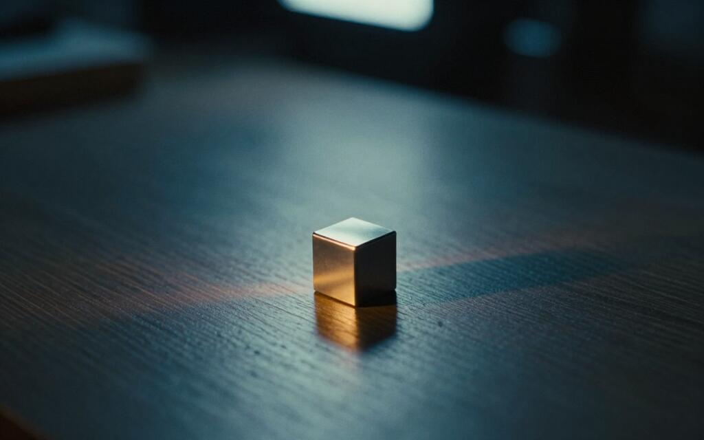 A single small polished metal cube alone on a clear dark workbench.