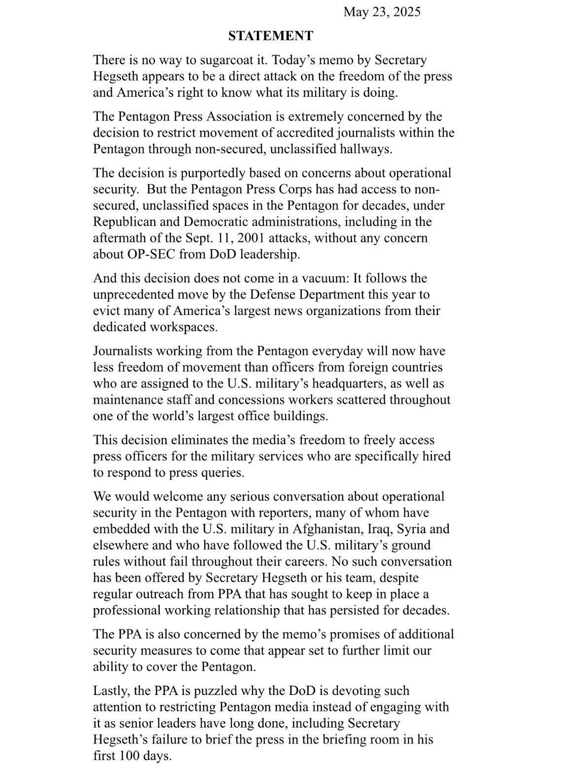 The Pentagon Press Association has issued…