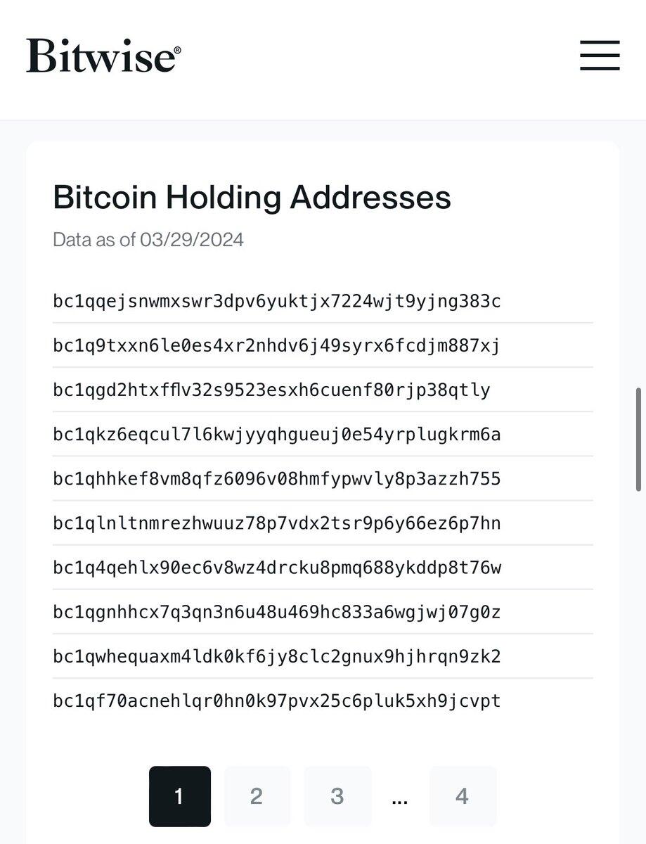 Bitwise publishes the $BTC addresses for…