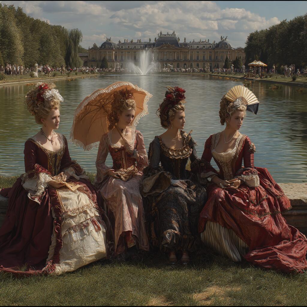 Courtesans in Versailles palace gardens, waiting…