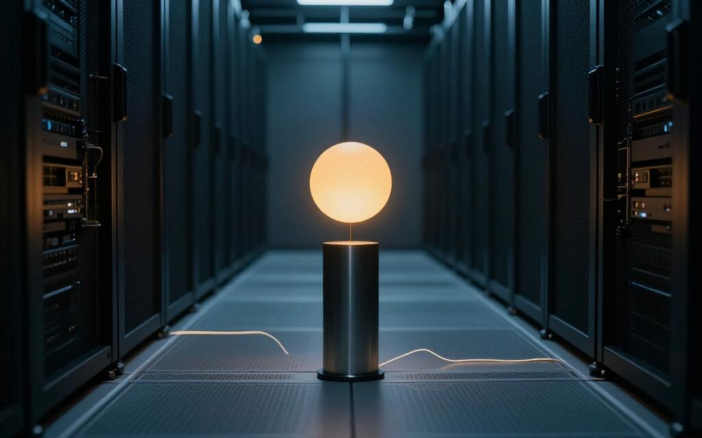 A smooth featureless orb of amber light floating in an empty dark aisle.