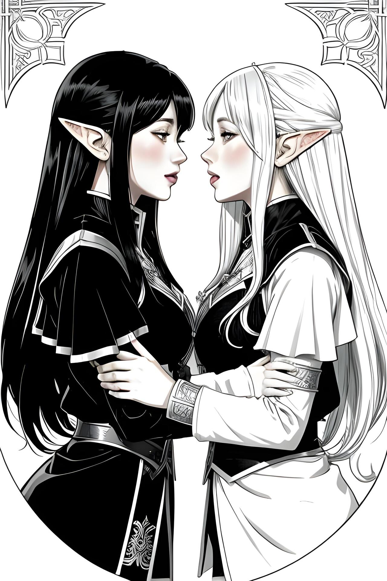 prompt: two elven girls kissing, anime…