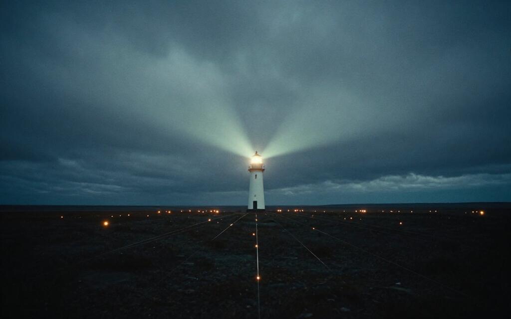 A tall pale column of light with glowing threads running out over a dark plain.
