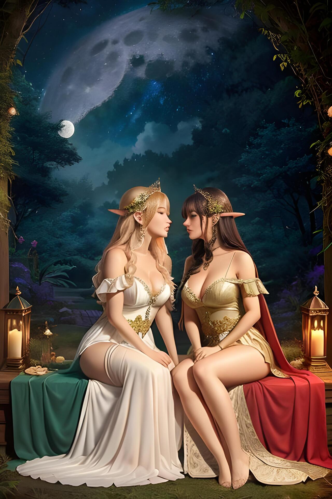 two elven princesses, sitting, kissing, long…