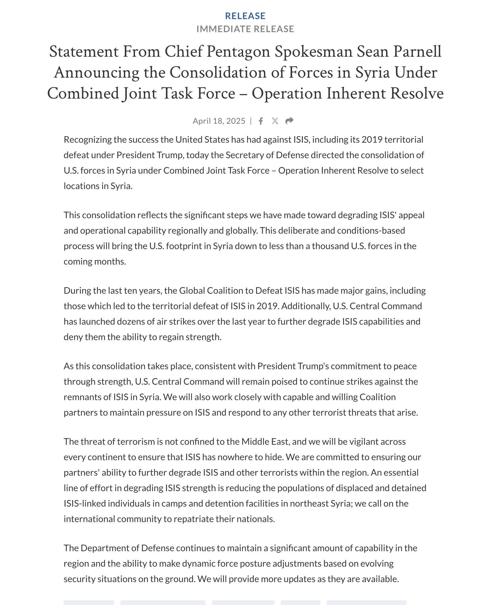Pentagon Confirms Syria Force Reduction and…