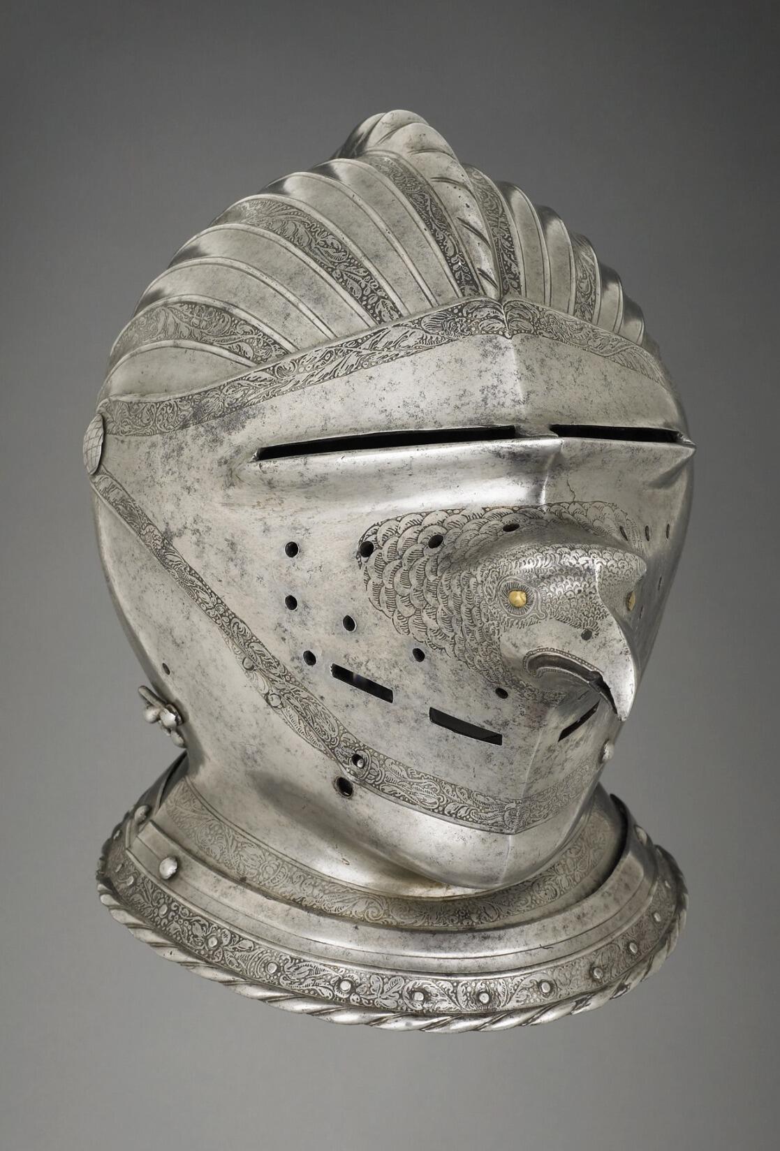 Close helmet adorned with an embossed…