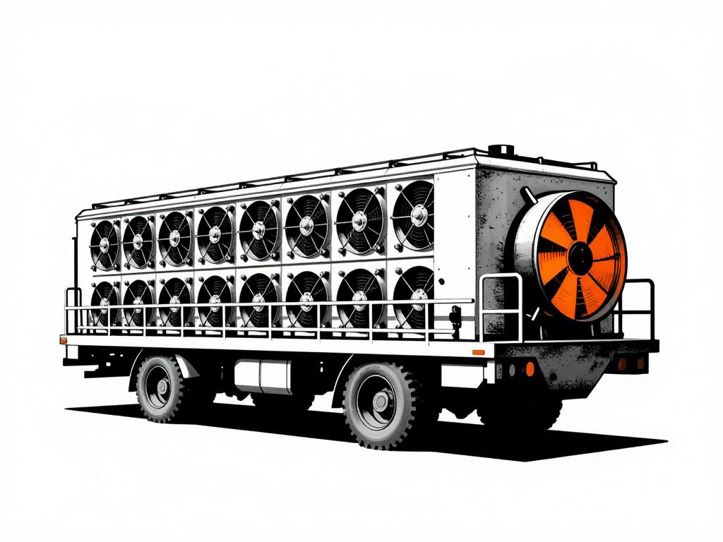 A row of mining rigs where half the frame fades into empty white space, one fan still glowing orange