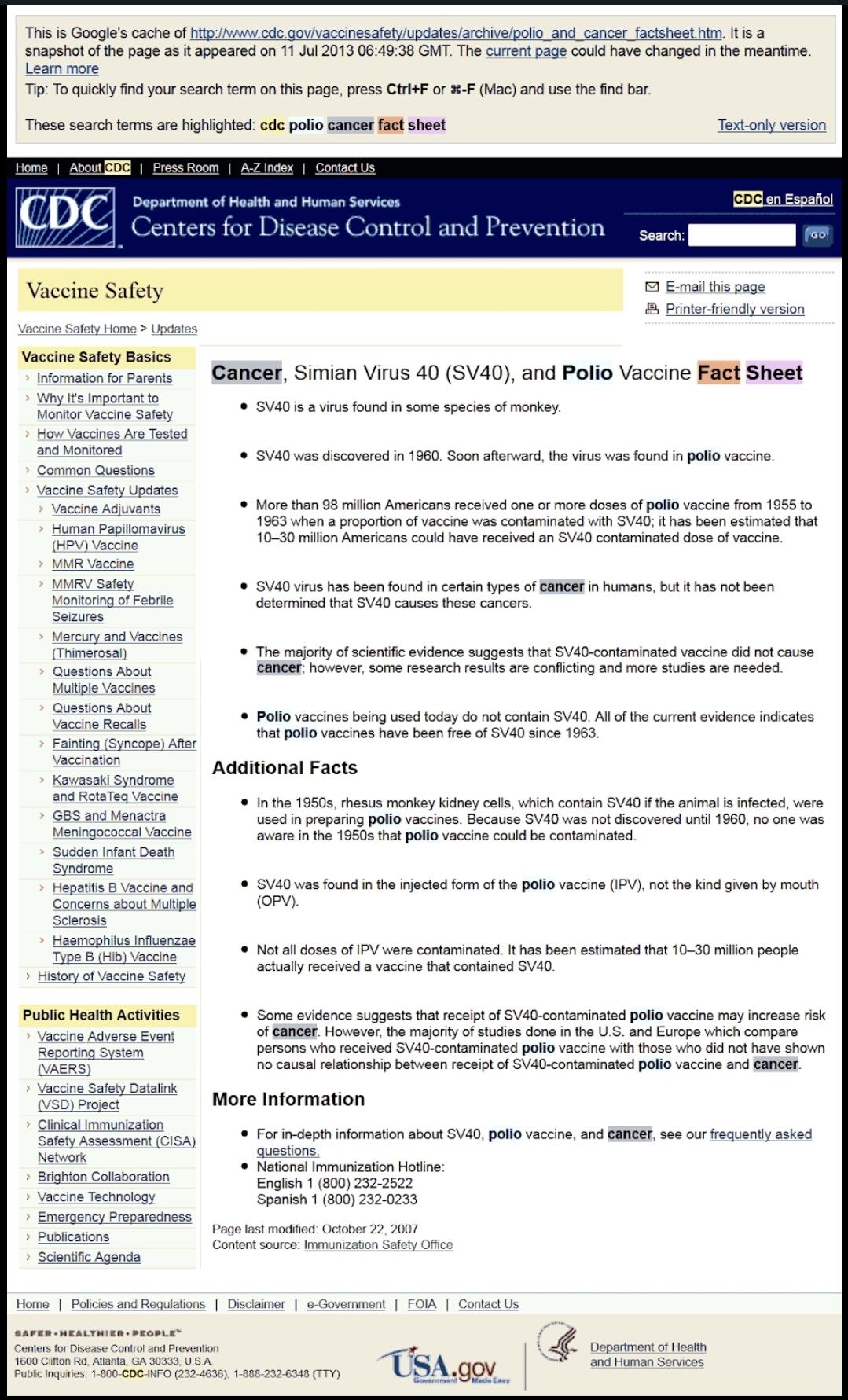 CDC about vaccine causing cancer Screenshot image from CDC site page by Prevent Disease
