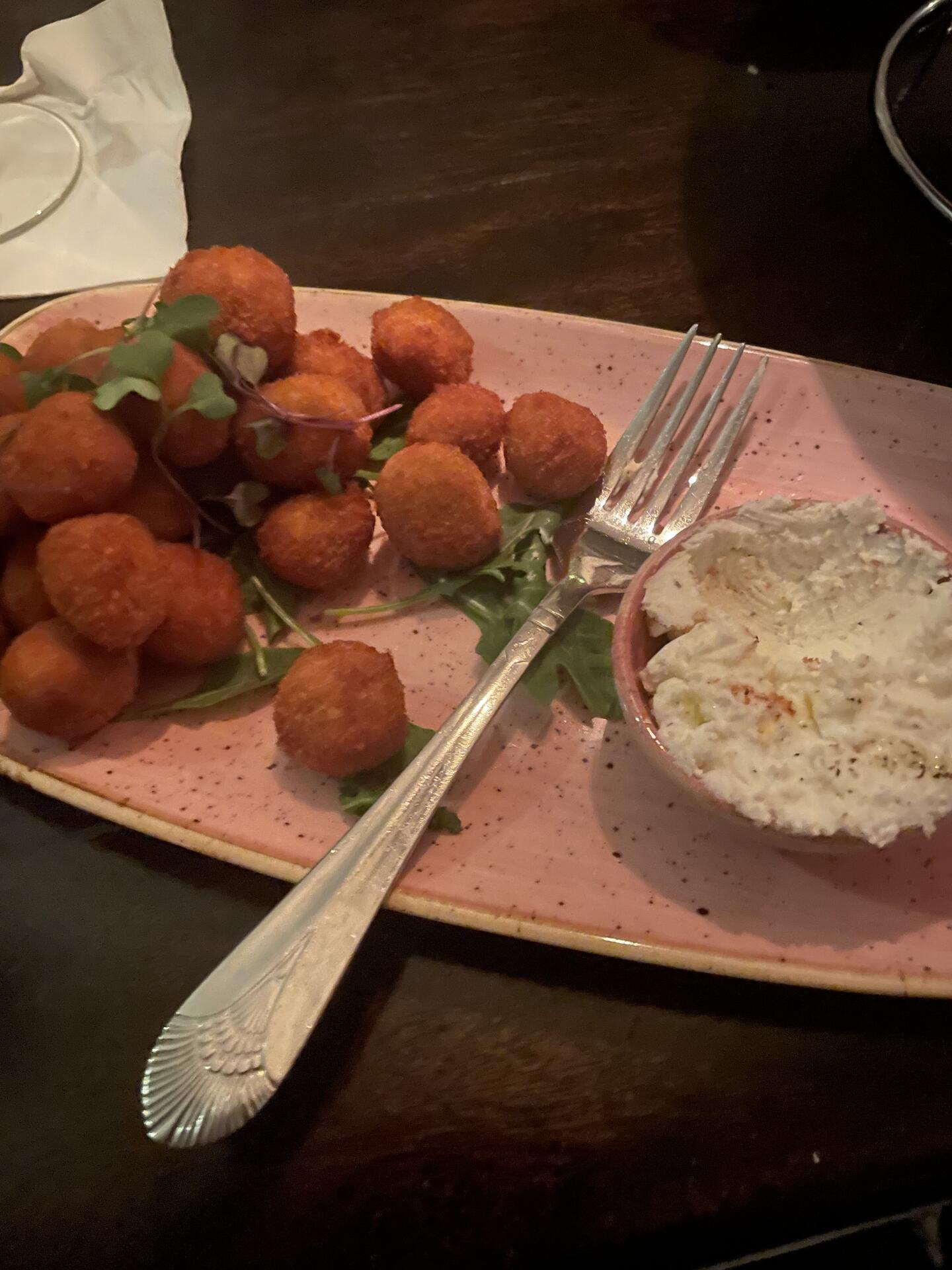 Oysters, fried olives with feta dip,…