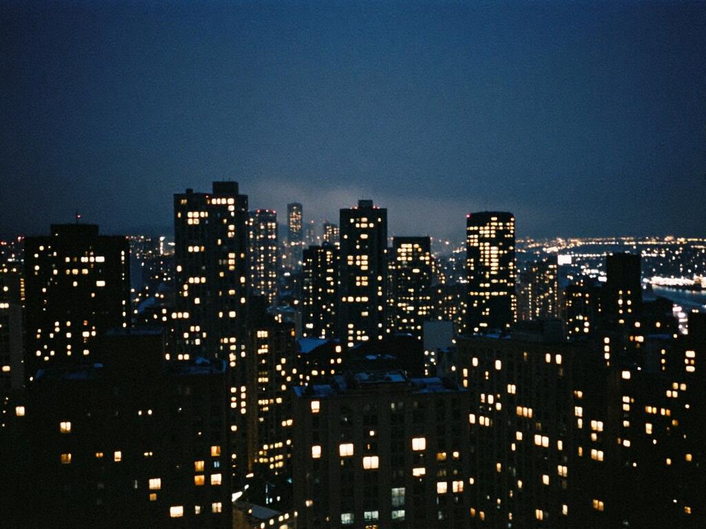 A dense city skyline at night, thousands of small warm window lights across dark towers