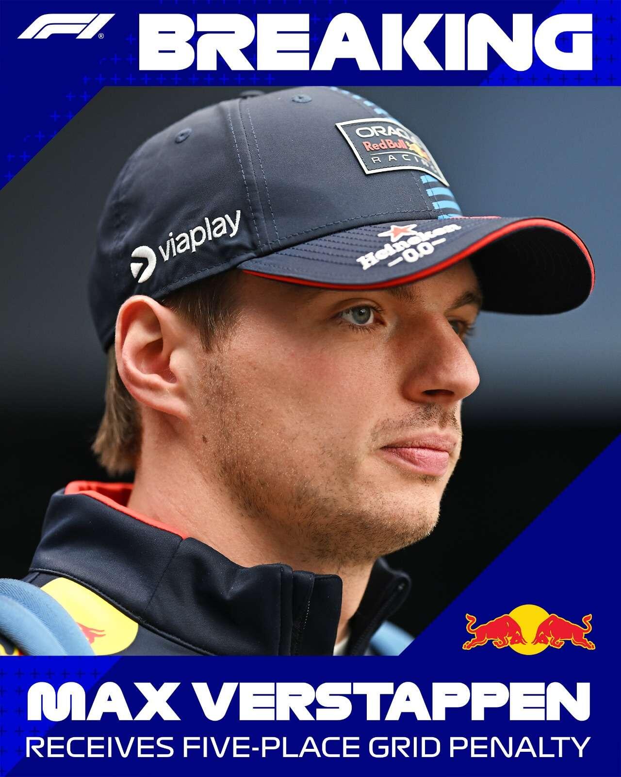 ⛔ Max Verstappen will receive a five-…