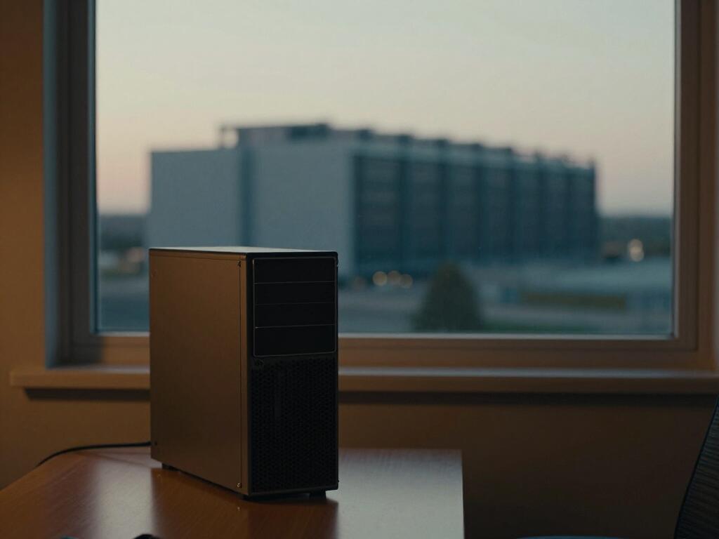 A small home computer, and through the window the huge blurred silhouette of a data centre.