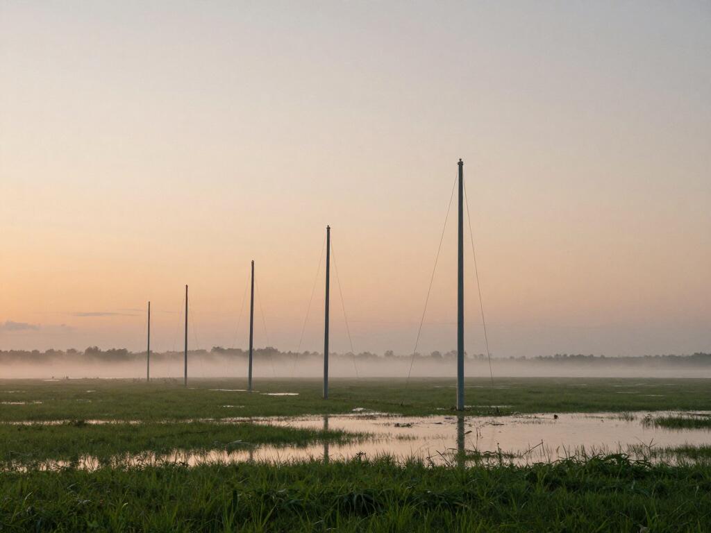 A row of thin steel masts standing in a flooded field at dusk, cables strung between them