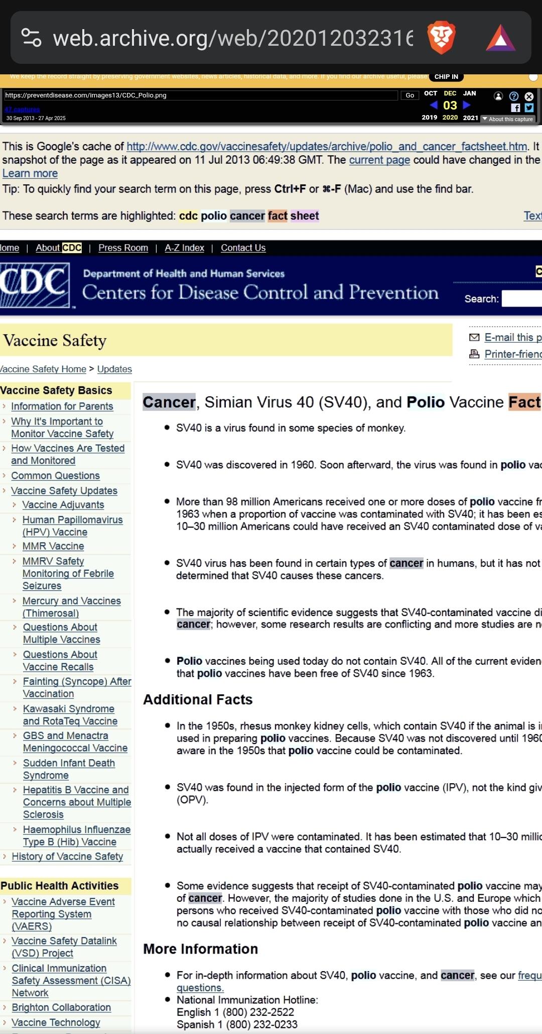 CDC about vaccine causing cancer Screenshot image from CDC site page