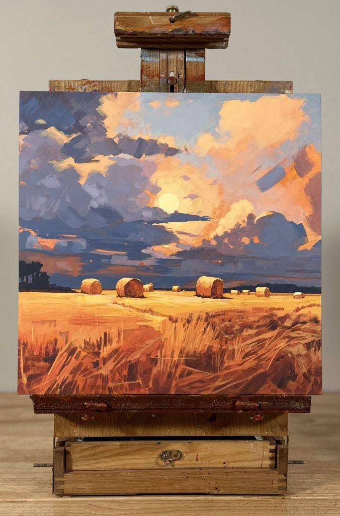 SUNLIT HAYBALES, Acrylic, 16x16”