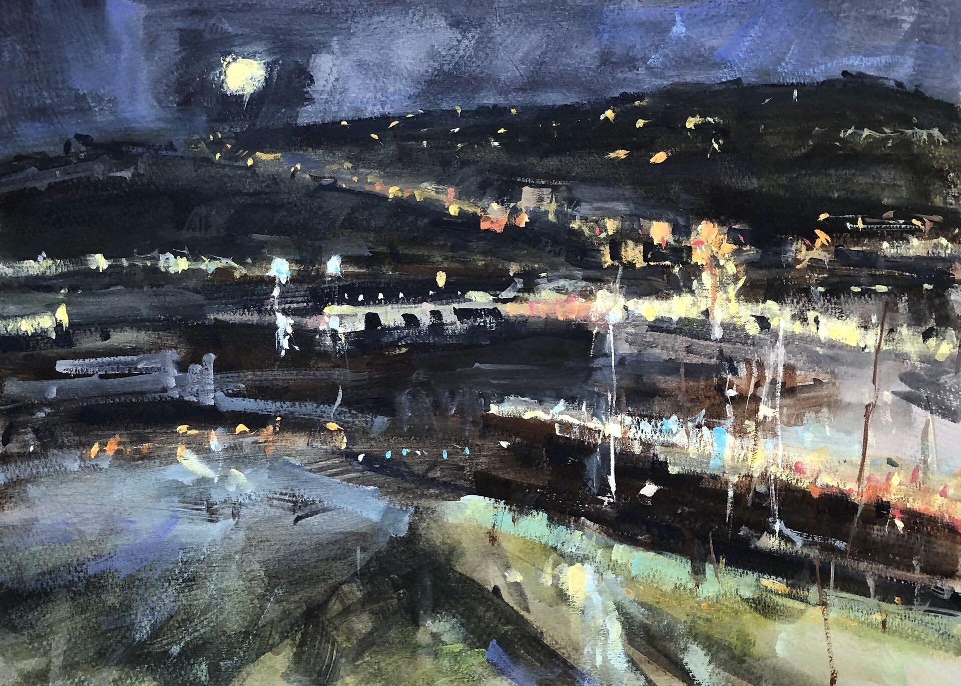 ‘Cornish Nights, Mevagissey Harbour’ gouache, 30cm…