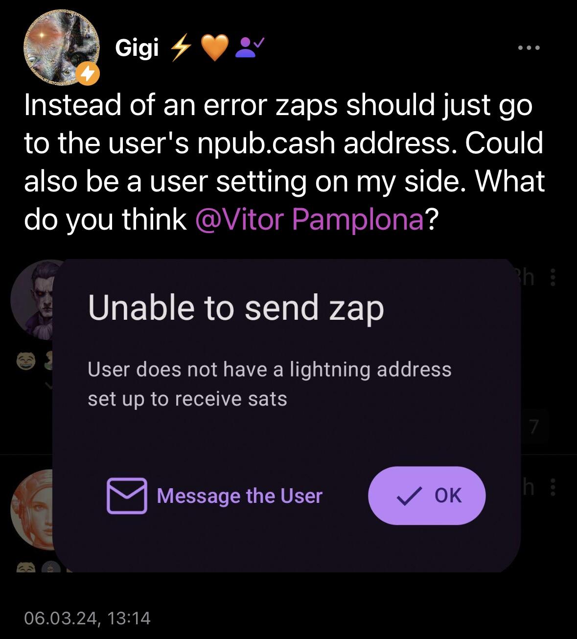 Gigi posting about npub.cash